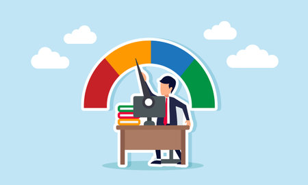 Businessman at a work desk trying to adjust the needle on a performance parameter, illustration of adjusting business performance to maximize work efficiencyのイラスト素材