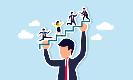 A giant businessman lifts a step line with entrepreneurs racing to the top, illustration of a major investor influencing business movementsのイラスト素材