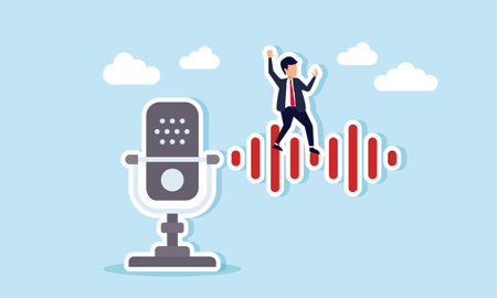 Businessman feels happy standing on a sound wave coming from a microphone, illustration of freedom of speech in expressing opinions, suggestions, and criticismのイラスト素材