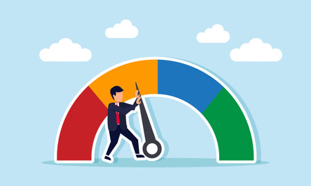 Businessman tries to point the indicator needle to the green area, illustration of efforts to improve business performanceのイラスト素材