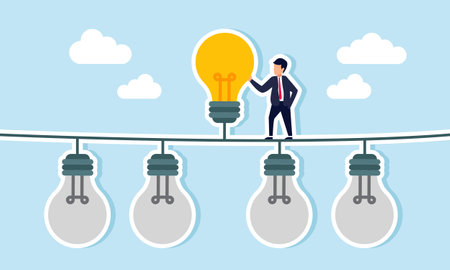 A businessman stands beside a lit lamp among several turned-off lamps, illustration of choosing and deciding to use the right idea and innovation for a company businessのイラスト素材