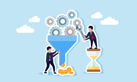 Businessmen work together to produce dollar coins from gears passing through a channel beside an hourglass, illustration of teamwork in generating profit from business efficiencyのイラスト素材