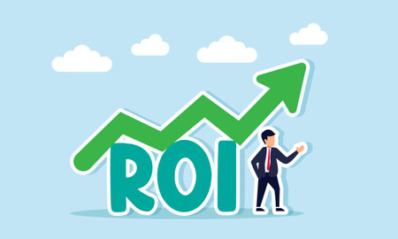 A businessman stands next to the word ROI with a rising green chart, illustration of increasing Return on Investment in businessのイラスト素材