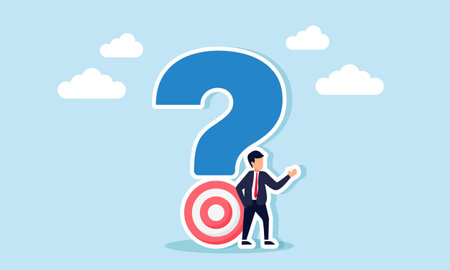 A businessman stands next to a question mark with a target board at the bottom, illustration of questioning business targetsのイラスト素材