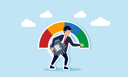 A businessman carries an AI processor chip and points at the green indicator on a speedometer, illustration of AI technology usage that enhances business work efficiencyのイラスト素材