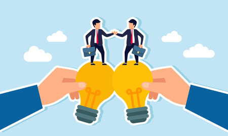 Two businessmen shake hands on top of two lamps held by hands, illustration of an agreement in business idea and innovation implementationのイラスト素材