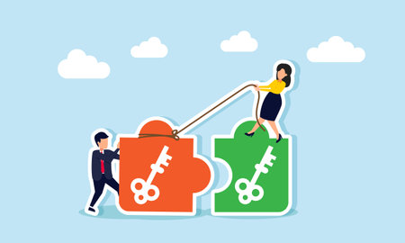 Businessman and businesswoman work together to connect key-marked puzzle pieces, illustration of a match between business solutions and problemsのイラスト素材