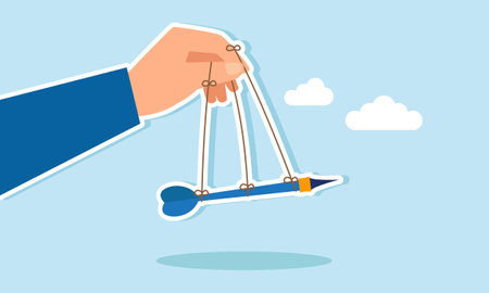 A hand manipulates an arrow using strings attached to fingers and the arrow, illustration of setting business vision and missionのイラスト素材