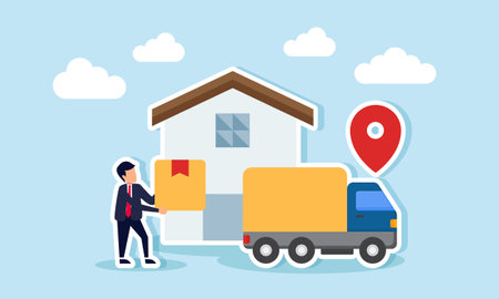 Businessman standing in front of a warehouse factory holding a package box to load into a delivery truck, illustration of business in the logistics sectorのイラスト素材