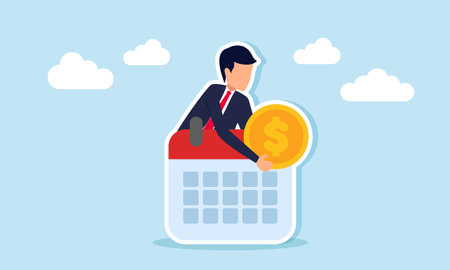 Businessman appears from behind a calendar schedule holding a dollar coin, illustration of investment scheduling at the right timeのイラスト素材
