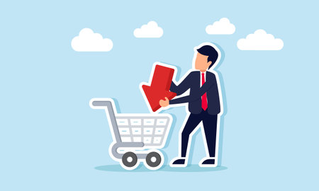 Businessman holding a red arrow pointing into a shopping cart, illustration of declining business salesのイラスト素材