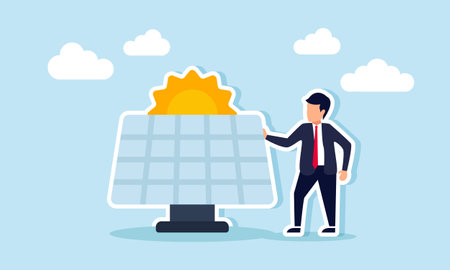 A businessman standing next to a solar panel, illustration of business in the solar panel industry