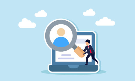 A businessman on top of a laptop holding a magnifying glass observing a person's profile, illustration of searching for a suitable employee candidate online for a specific positionのイラスト素材