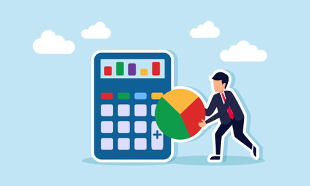 A businessman holding a pie chart stands next to a calculator, illustration of business calculation related to risk management based on performanceのイラスト素材