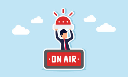 Businessman behind an ON AIR board raising a siren lamp, illustration of broadcasting live newsのイラスト素材