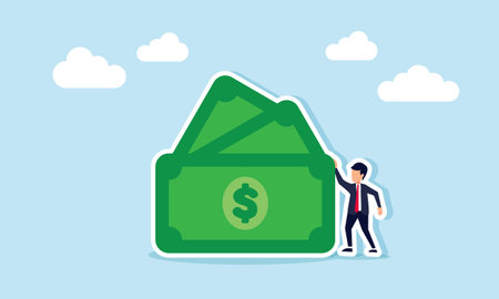 A businessman standing next to several sheets of money, illustration of an investor's ability to invest their funds wisely in business opportunitiesのイラスト素材
