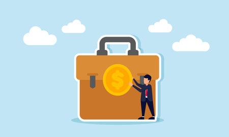 businessman placing a dollar coin into a briefcase, illustration of profit-oriented mindset in running and working in a businessのイラスト素材