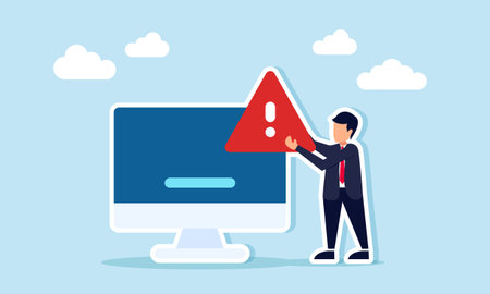 businessman carrying a warning or exclamation sign beside a monitor, illustration of alertness related to virus attacksのイラスト素材