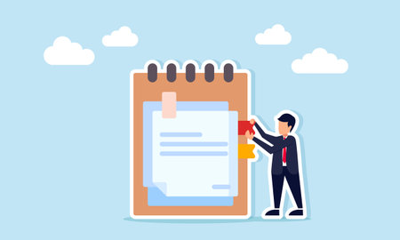 businessman holding a punctuation mark on a notebook, illustration of noting important points from a meeting and sharingのイラスト素材