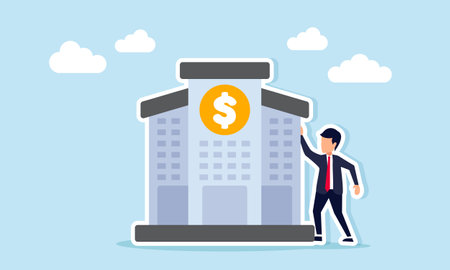Businessman stands next to a building with a dollar sign, illustration of managing company business finance.のイラスト素材