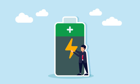 Businessman standing next to a full battery holding an electricity icon, illustration of resources...