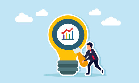 Businessman standing next to a lamp holding a magnifying glass observing a graphic, illustration of evaluating and analyzing business performance with business idea applicationのイラスト素材