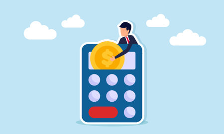 Businessman taking dollar coin from calculator screen illustration of take profit businessのイラスト素材
