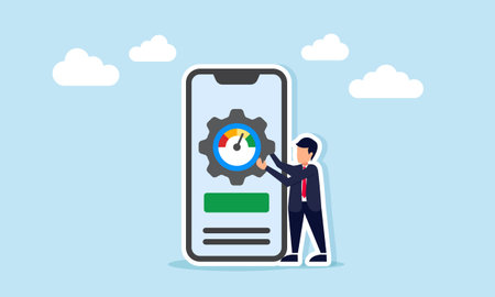 Businessman next to smartphone holding gear with measurement indicator illustration of digital business performance monitoringのイラスト素材