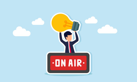 Businessman emerging from behind an on air sign holding a lamp illustration of live broadcast delivering motivation and inspiring business ideasのイラスト素材