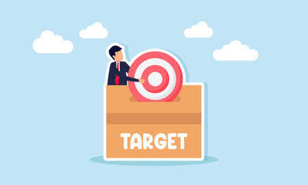 Businessman placing target board into box labeled target illustration of completing business goalsのイラスト素材