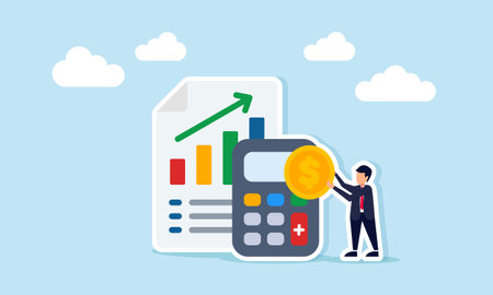 Businessman holding dollar coin beside calculator and paper with graph data illustration of calculating risk of business investment assetsのイラスト素材