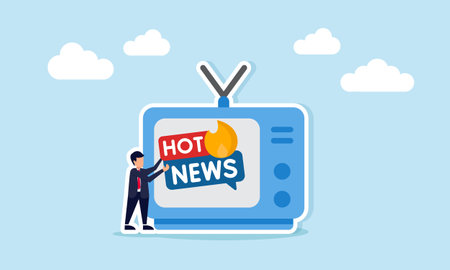 Businessman holding a hot news sign near a television illustration of breaking news or important news during prime timeのイラスト素材