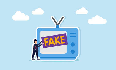 Businessman holding a fake sign near a television warning about fake or low quality newsのイラスト素材