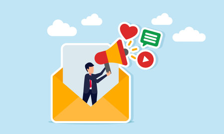 Businessman emerging from envelope holding a megaphone with social media icons illustration of broadcasting information about social media campaignのイラスト素材