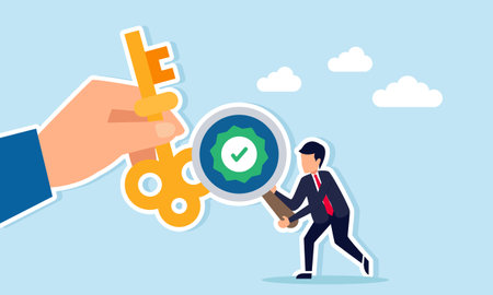 Businessman holding magnifying glass with checkmark label observing hand holding key illustration of validation and verification of the right business solutionのイラスト素材