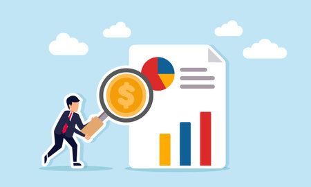 Businessman holding a magnifying glass with a dollar sign examining a report with a chart illustration of business management analysis and financial reportのイラスト素材
