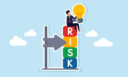 Businessman sitting on risk indicator block holding lamp illustration of risk calculation in applying business ideasのイラスト素材