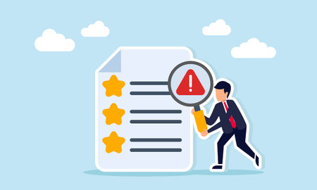 Businessman examining document with star list using magnifying glass marked with attention illustration of importance in improving business quality for competitive advantageのイラスト素材