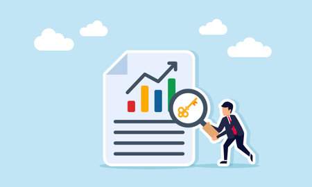 Businessman examining document with graph using magnifying glass marked with key illustration of solution to improve business performanceのイラスト素材