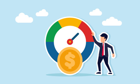 Businessman standing beside level indicator near dollar coin illustration of monitoring business financial performanceのイラスト素材