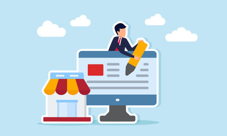 Businessman holding a pen emerging from behind a monitor next to a store illustration of designing a website landing page for businessのイラスト素材