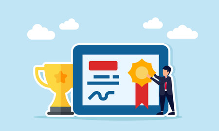 Businessman placing a medal on a certificate next to a trophy illustration of success in becoming a leading business companyのイラスト素材