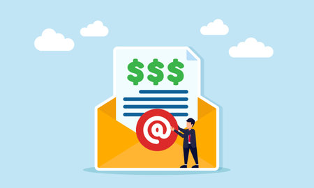 Businessman placing mention symbol on envelope containing document with three dollar signs illustration of business company financial reportのイラスト素材