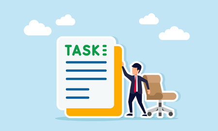 Businessman between office chair and document labeled TASK illustration of executing business task...