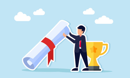 Businessman standing next to trophy while holding a ribboned document illustration of award for the title as a leading companyのイラスト素材