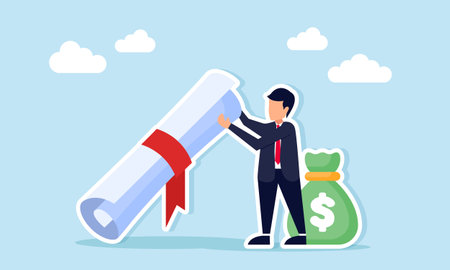 Businessman standing next to money bag while supporting a ribboned document illustration of official financial document of a business companyのイラスト素材
