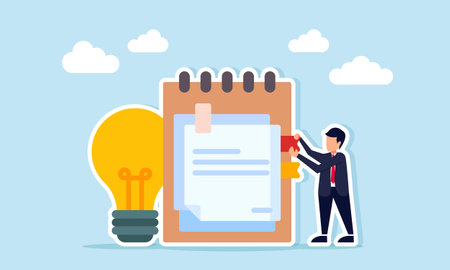 Businessman placing punctuation on notebook near light bulb illustration of archive and documentation related to business ideaのイラスト素材