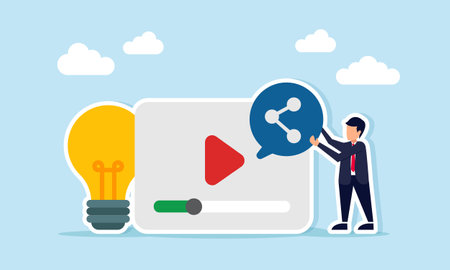 Businessman placing share icon on multimedia or social media interface near light bulb illustration of business promotion strategy idea using multimedia platformのイラスト素材