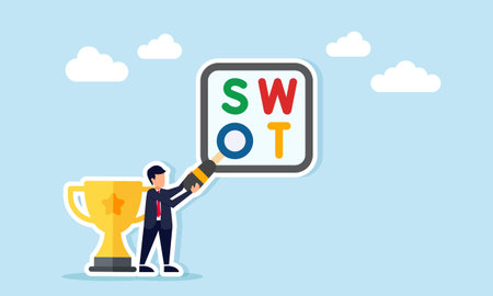 businessman near trophy arranging SWOT letters with magnifying glass as the letter O illustration of research and analysis as a leading business companyのイラスト素材