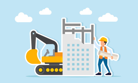 Engineer holding project paperwork near building construction site and heavy excavator illustration of supervising construction and heavy equipment operationのイラスト素材